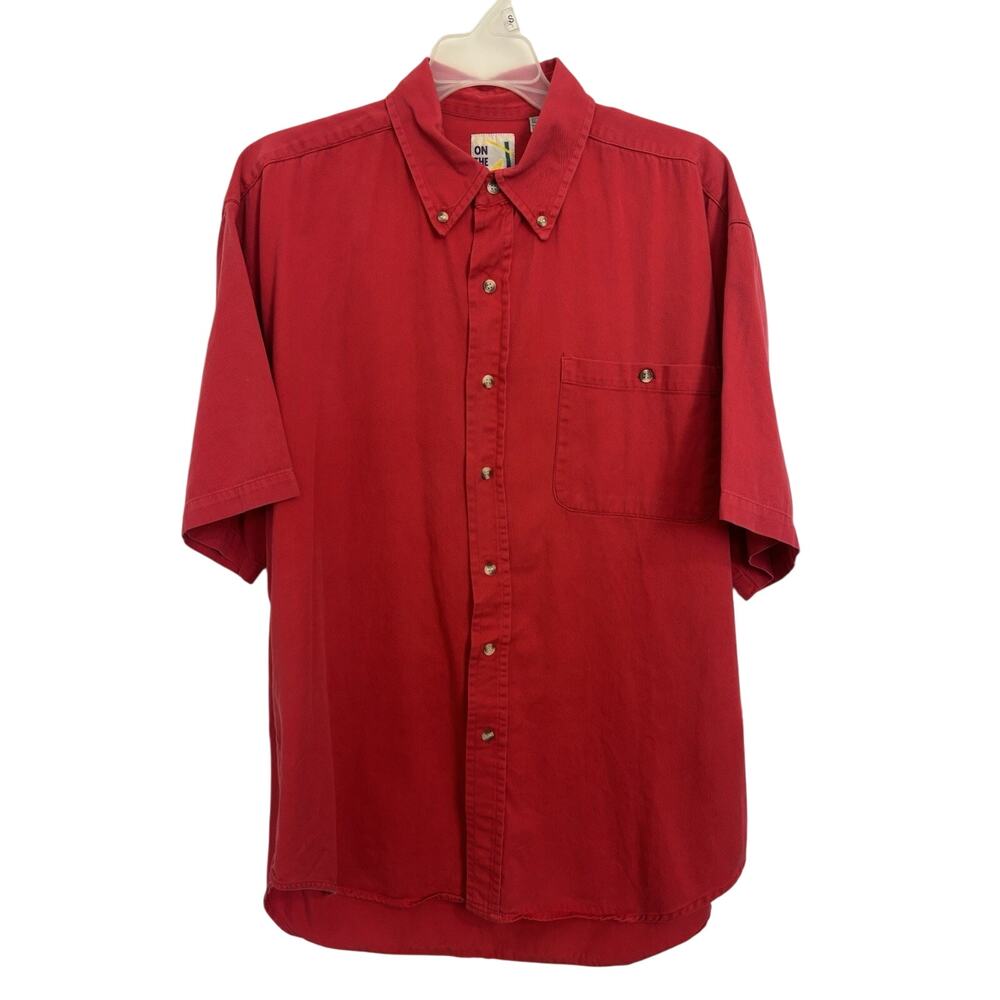 VTG 80s On The Brink Red Button Up Short Sleeve Collared Shirt Size Large Cotton